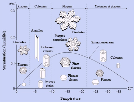 Diagramme des formes de flocons selon la température et la sursaturation