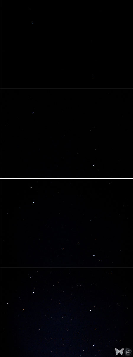 La visibilité des étoiles à travers nos yeux (première image) et l'augmentation progressive de la luminosité d'un appareil photo